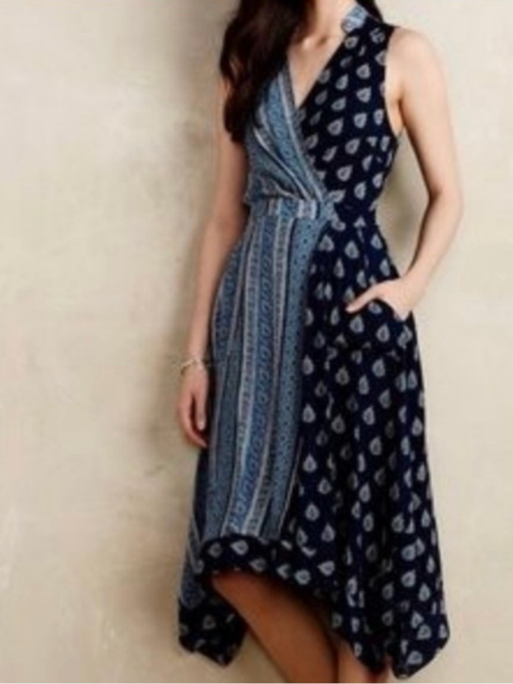 Anthropologie Maeve Navy and Light Blue High-Low Wrap Dress